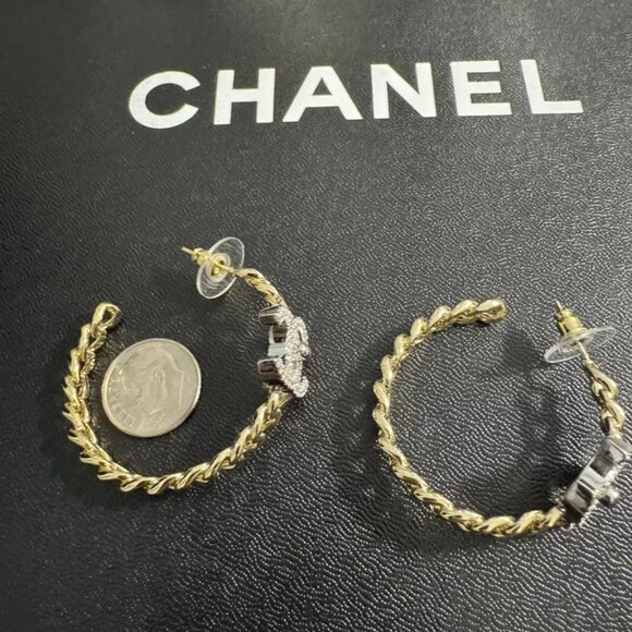 Chanel Gold Tone Crystal Double CC Turnlock Hoop Earrings - Picture 4 of 6